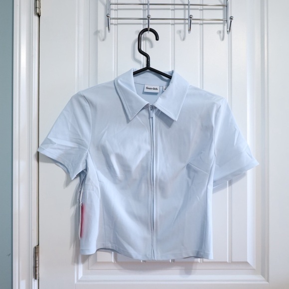 NWT Aritzia Sunday Best Alice Cropped Polo T-Shirt Fluid Blue Size 6 - Picture 2 of 13